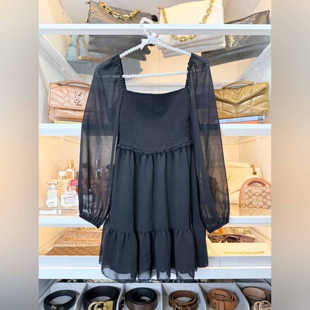 Aritzia Black Sheer Chiffon Long Sleeve Square Neck Mini Dress Wilfred XS